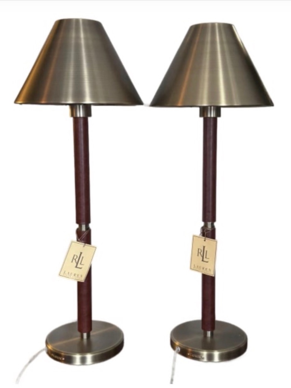 Ralph Lauren Home Brass & Leather Candlestick Buffet Lamp 30” Tall Empire Shade